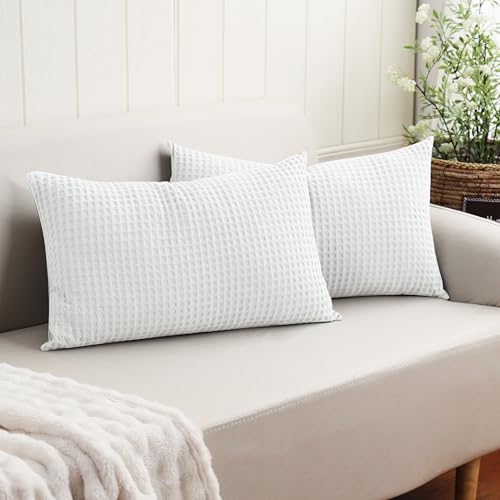 100% Egyptian Cotton 600 TC Waffle Weave Lumbar Pillow Covers 2 Pack, Ultra Soft Breathable Rectangle Throw Pillow Covers, Decorative Cushion Covers for Bed Couch Sofa Car, No Insert, White, 12" x 20" - color: White, size: 20" x 12" (Pack of 2)