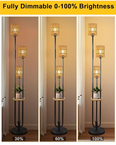 63IN Dimmable Floor Lamp with Shelf, Black Rattan Tall Standing Lamps Candle Holder Style, 3000K Warmwhite Mid Century Modern Floor Lamp with 5Lbs Heavy Base for Living Room (Bulbs Included) - color: 3 Rattan-Black Shelf