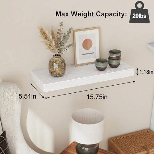 Fixwal White Shelves for Wall, 15.7in Rustic Wood Finish Floating Wall Shelves Set of 4, Shelves for Wall Decor, with Invisible Brackets for Bathroom, Living Room,Bedroom and Kitchen - color: White, size: 15.7in