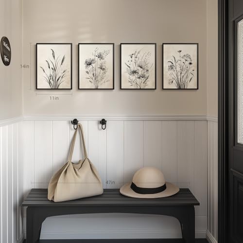 Framed Boho Vintage Botanical Wall Art, 4 Piece Black and White Floral Canvas Prints for Modern Farmhouse Bathroom, Natural Rustic Flower Artwork for Bedroom Kitchen Hallway Wall Decor, 11x14 - color: Misty - Black Framed, size: 11" W x 14" H x 4pcs
