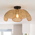 22" Natural Rattan Flush Mount Ceiling Light Fixture， Hemp Rope Wicker Hand-Woven Boho Chandelier with Flower Lampshade for Porch Patio Hallway Bedroom Living Room Kitchen Island
