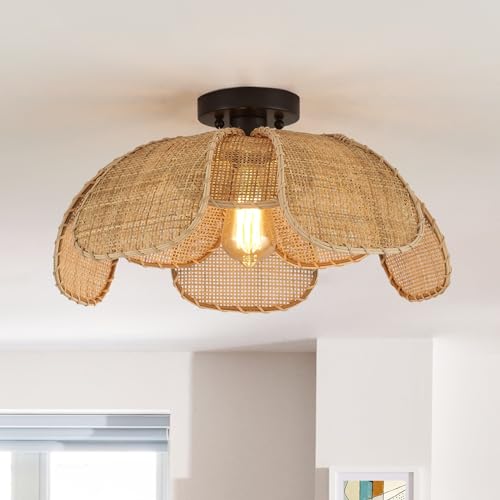 22" Natural Rattan Flush Mount Ceiling Light Fixture， Hemp Rope Wicker Hand-Woven Boho Chandelier with Flower Lampshade for Porch Patio Hallway Bedroom Living Room Kitchen Island