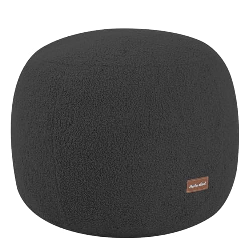 MeMoreCool Round Pouf Ottoman – 20x20x15 Inch Stuffed Footrest with Foam Filling, Dark Grey Small Circle Footstool for Living Room | Soft Teddy Fleece Cover | Washable Compact Floor Pouf - color: Teddy Dark Grey