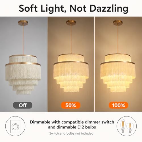 5-Tiered Boho Chandelier with Metal and Fringe,3 Lights Fringe Pendant Light Fixture,Tassle Chandelier for entryway,Dining Room,Baby Nursery,Gold and Light Beige - color: Light Yellow-Pendant