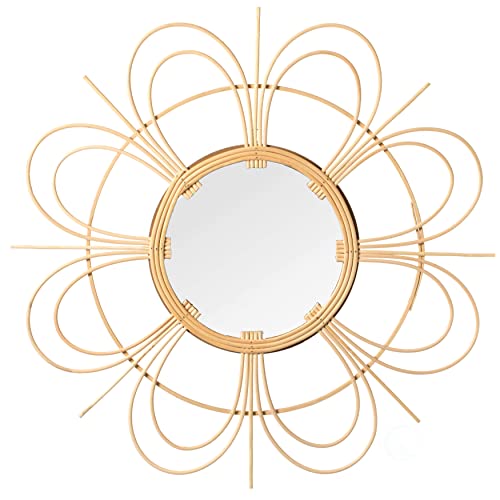 Vintiquewise Decorative Flower Shape Woven Rattan Wood Round Modern Hanging Wall Mirror - size: 2"L x 24"W