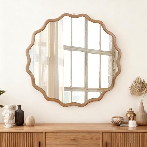 30" Wavy Round Wall Mirror with Solid Wood Frame, Country Irregular Decorative Mirror for Bathroom, Bedroom, Living Room & Entryway, HD Tempered Glass, No Distortion Vanity Mirror (Natural, 30") - color: Natural, size: 30"L x 30"W