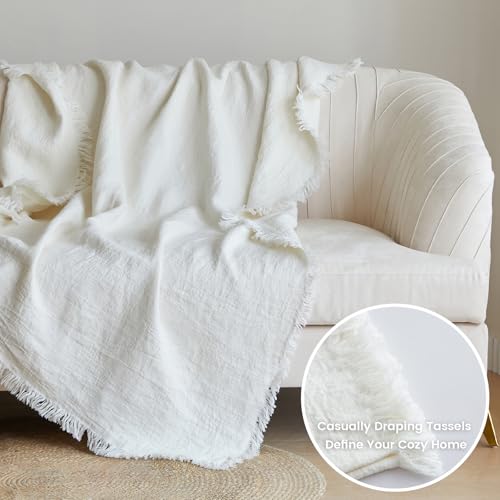 Simple&Opulence 100% Linen Throw Blanket 55x75 inches, Farmhouse Boho Tassel Blanket for Couch, Bed, Sofa, Breathable Natural Cozy Décor, White ﻿ - color: White