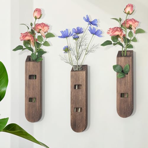 3 Pack Wood Planter Set, Boho Wall Decor for Living Room, Modern Farmhouse Entryway or Bathroom Decor, Wooden Vase Aesthetic Art for Wall Decorations - color: Log Color-d