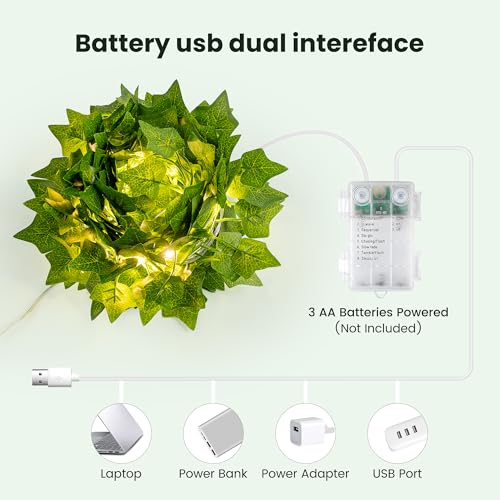HEYFUNi Fake Ivy Vines with Lights, 23 Ft 73 Led Artificial Greenery Garland with Fairy Lights USB/Battery Operated, Leaf String Lights for Bedroom Aesthetic, Wall, Balcony, Wedding Decor, Warm White - color: Ivy, size: 73 LED-USB & Battery