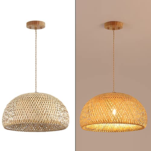 Bamboo Large Pendant Light Fixture 17.8 inch One-Light Adjustable Rustic Basket Handmade Woven Pendant Lighting for Kitchen Island Farmhouse Dining Room Living Room - color: Natural