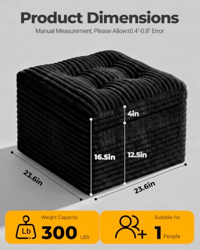 23.6in Pouf Ottoman, Corduroy Ottoman Foot Rest with Dual‑Layer Support, Large Poofy Pouf with Soft Chunk‑Foam Top & Firm Foam Base, Floor Foot Stool for Living Room, Black - color: Black