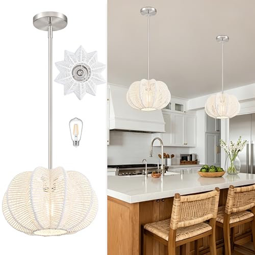 White Rattan Pendant Light 12.6 in Hemp Rope Rattan Light Fixture Woven Pendant Wicker Chandelier Boho Chandelier for Kitchen - color: 12.5" White