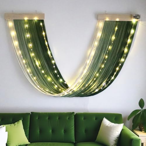 Macrame Fairy Lights Battery Operated with Remote,Large Macrame Wall Hanging with 20ft 100 LED String Lights,Green Gradient Warm White Light for Living Room,Bedroom,Christmas,Holiday Deco - color: Green-Warm White
