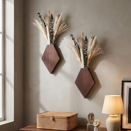2 Pcs Bohemian Wooden Wall Planter Set with Pampas Grass Modern Farmhouse Wall Decor for Living Room, Bathroom, Bedroom, Office(Brown,Natural Style) - color: Brown, style: Natural Style