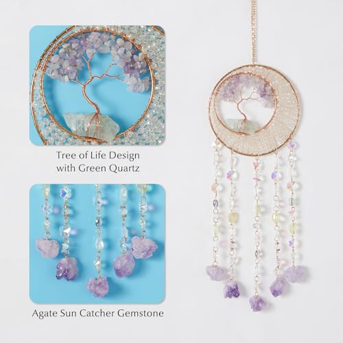 Green Quartz Gemstone Dream Catcher Tree of Life Chakra Dream Catchers with Healing Crystal Stones Handmade Dreamcatcher Sun Catcher Wall Decor for Boys Girls,Bedroom,Wedding,Garden,Bless Gift - color: 7 Chakra Tree With Green Quartz