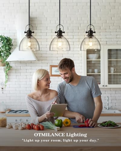 Pendant Lights Kitchen Island, 7.5 Inch Glass Pendant Lights Kitchen Island, Black Pendant Lighting with Adjustable Rod, Industrial Hanging Island Pendant Light for Kitchen, Bedroom (2 Pack) - color: Clear Glass-Black+Rod, size: 2-Pack