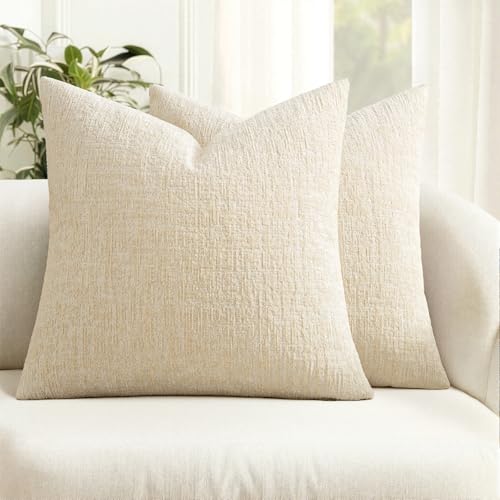 MIULEE Decorative Throw Pillow Covers 20x20 Pack of 2 Beige Couch Pillow Covers Soft Cozy Textured Chenille Pillowcases for Home Decor Sofa Living Room Cushion Bedroom - color: Beige, size: 20" x 20" (Pack of 2)