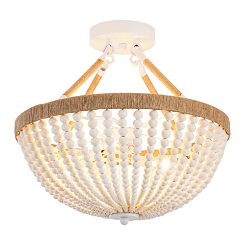 Wood Beaded Mini Chandelier Farmhouse Bohemia Semi Flush Mount Ceiling Light Rustic 3-Light Ceiling Lighting Fixtures for Bedroom Dining Nursery Room Girl Room Hallway, White, Dia 15 Inch