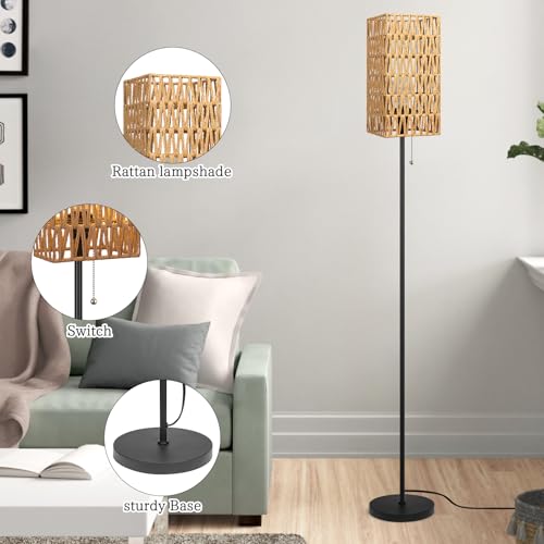 Ruiever Floor Lamp for Living Room,Farmhouse Floor lamp,Modern Standing lamp with Hand-Worked Rattan Shade (Square Shade-3 Color Blub) - style: Square Shade-3 color Blub