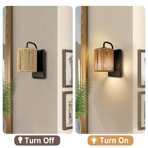 Boho Wall Sconce, Rattan Wall Light Fixtures with Hemp Rope Sconces for Living Room Bathroom Hallway Rustic Bohemian Modern Woven Scocne E26 10inch - color: Woven Rattan Style