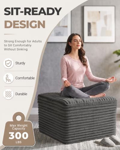 23.6in Pouf Ottoman, Corduroy Ottoman Foot Rest with Dual‑Layer Support, Large Poofy Pouf with Soft Chunk‑Foam Top & Firm Foam Base, Floor Foot Stool for Living Room, Dark Grey - color: Dark Grey