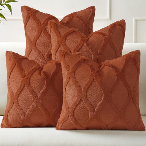 decorUhome Summer Set of 4 Rust Throw Pillow Covers 18x18 Inch, Neutral Decorative Soft Plush Faux Wool Couch Pillow Covers, Farmhouse Pillow Cases for Living Room Bed Sofa - color: Rust, size: 18" x 18" (Pack of 4)