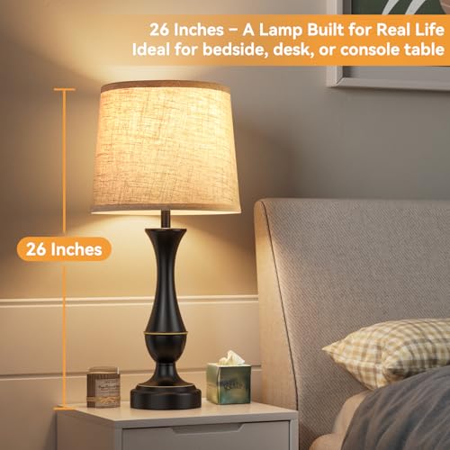 Seealle Upgraded Touch Lamps for Night Stands Set of 2 - Bedside Lamps with USB C+A, 3 Way Dimmable for Bedroom Living Room End Tables Office (Tall Beige&Black) - color: A. Beige Shade & Black Base, size: Tall（26 In）