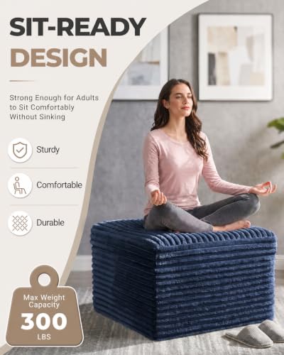 23.6in Pouf Ottoman, Corduroy Ottoman Foot Rest with Dual‑Layer Support, Large Poofy Pouf with Soft Chunk‑Foam Top & Firm Foam Base, Floor Foot Stool for Living Room, Blue - color: Blue