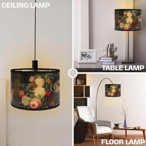 Retro Lamp Shade, E27 11.8"x7.9" Vintage Printed Art Deco Chandelier Cover Lampholder, Unique Drum Spider Japanese Tropical Funky Decorative Bamboo Lampshade for Hanging Table Floor Light (Flower) - color: Flower