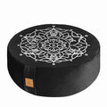 Embroidered Meditation Pillow D=16" H=5.5" Round Velvet Meditation Cushion Yoga Bolster Floor Pouf Zafu Natural Buckwheat hulls Sitting on Floor Removable Organic Cotton Cover Large Kneeling Pillow - color: Black White