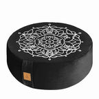 Embroidered Meditation Pillow D=16" H=5.5" Round Velvet Meditation Cushion Yoga Bolster Floor Pouf Zafu Natural Buckwheat hulls Sitting on Floor Removable Organic Cotton Cover Large Kneeling Pillow - color: Black White