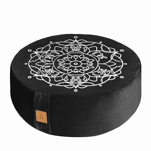 Embroidered Meditation Pillow D=16" H=5.5" Round Velvet Meditation Cushion Yoga Bolster Floor Pouf Zafu Natural Buckwheat hulls Sitting on Floor Removable Organic Cotton Cover Large Kneeling Pillow - color: Black White