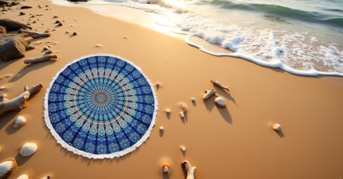 Round Beach Tapestry Mandala Boho Hippie Blanket Indian Cotton Bohemian Large Table Cloth Home Decor Yoga Mat Meditation Picnic Rug Throw Hippy Boho Gypsy Tablecloth Roundie (42 Inches, Blue) - color: Blue, size: 42"L x 42"W