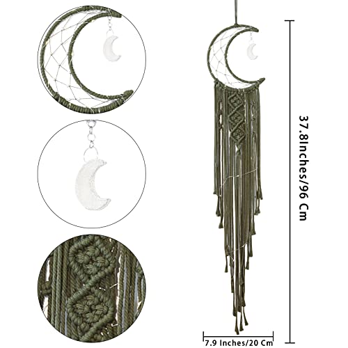 Boho Macrame Woven Wall Hanging for Kids, Crochet Crescent Moon Star Dream Catcher with Long Tasselt, Olive Cotton Handmade Bohemian Home Decor Decoration for Nursery Bedroom Dorm Room - color: Olive Green, size: Without Light
