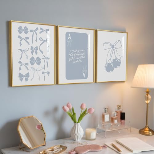 Framed Preppy Blue Wall Art for Room Decor, 3 Piece Bow Cherry Girly Artwork for Walls, Cute Aesthetic Blue Canvas Prints for Girls Bedroom Living Room Girly Room Apartment Wall Decor, 12x16 Inch - color: Light Blue