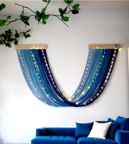 Macrame Fairy Lights Battery Operated with Remote,Large Macrame Wall Hanging with 20ft 100 LED String Lights, Blue Gradient Warm White Light for Living Room,Bedroom,Christmas,Holiday Deco - color: Blue-Warm White