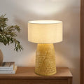 Boho Bamboo Table Lamp, Handwoven Bedside Lamp with Linen Shade, Small Natural Weave Nightstand Light for Living Room, Tea Room, Desk,Beige - color: Beige