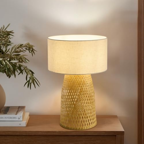 Boho Bamboo Table Lamp, Handwoven Bedside Lamp with Linen Shade, Small Natural Weave Nightstand Light for Living Room, Tea Room, Desk,Beige - color: Beige