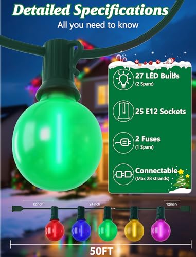 SUNSGNE G40 LED Vintage Christmas Lights, 50FT Christmas Globe String Lights with 27 LED Frosted Multicolor Bulbs(2 Spare) for Patio Backyard Roofline Decorations - color: Frosted Multicolor, size: 50FT