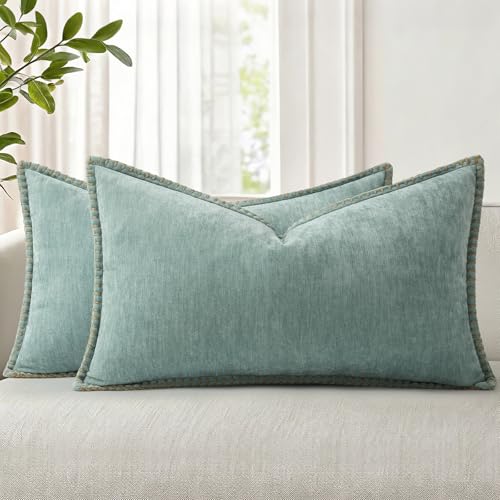 decorUhome Summer Chenille Soft Cozy Throw Pillow Covers 12x20 Set of 2, Modern Farmhouse Boho Velvet Decorative Pillow Cases with Stitched Edge for Couch Sofa Bed Home Decor, Aqua Haze - color: Aqua Haze, size: 20" x 12" (Pack of 2)