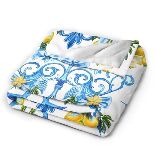 Blue Lemon Throw Blanket for Couch Chair Sofa Bed, Flannel Soft Mediterranean Ceramic Tiles Elegant Baroque Blanket for Bedroom Living Room Car, Warm Cozy Farmhouse Blankets for All Season 30"x 40" - color: Lemon05, size: 30X40 inch