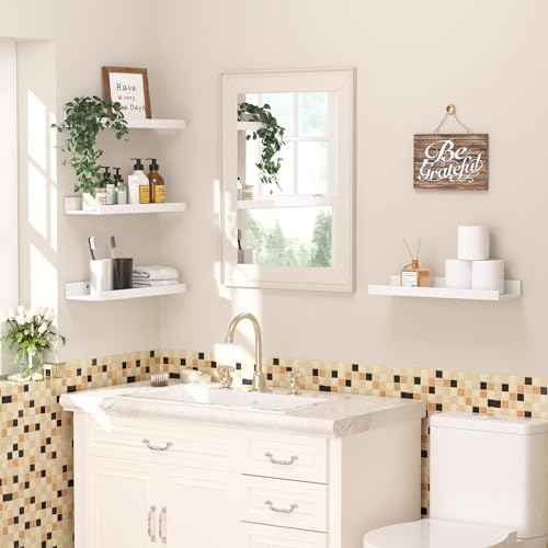upsimples Floating Shelves for Wall, Wall Shelves for Decor Storage Set of 6, Wall Mounted Wood Shelf for Bedroom, Living Room, Bathroom, Kitchen, Picture Ledge Shelf, White - color: White, size: 15.7in