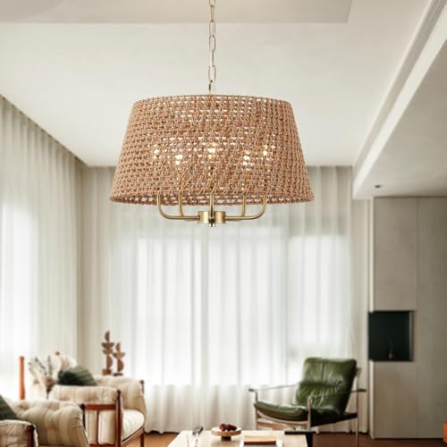 20" Large Rattan Chandeliers for Dining Room, 5-Light Farmhouse Wicker Boho Chandelier with T-Shape Shade Rattan Ceiling Pendant Light Fixture for Bedroom Hallway Kitchen Island(Gold) - color: Gold 5-Light 20" T-Shape