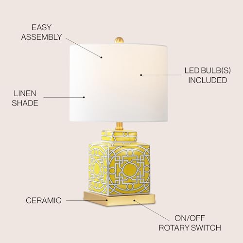 JONATHAN Y 22" Yellow/White Modern Ceramic Ginger Jar Table Lamp for Nightstand, Square Lattice Transitional Chinoiserie Lamp for Living Room, White Linen Shade, LED Bulb (JYL3044C) - color: Yellow/White