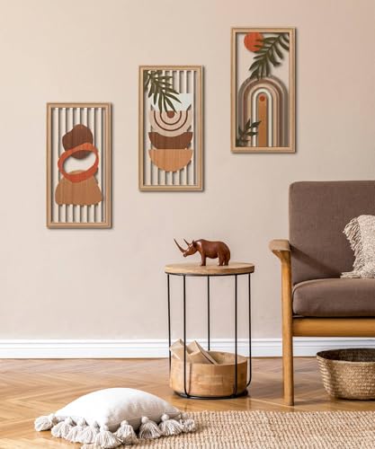 Putuo Decor Boho Wall Art Set of 3, Modern Minimalist Wooden Wall Decor, Abstract Aesthetic Room Decorations, Mid-Century Modern Artwork for Living Room, Bedroom, Office Orange 16.5 x 8.6 inch - color: Orange
