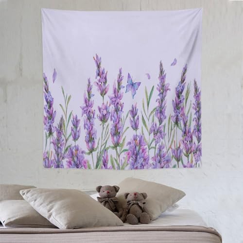 HZOHNAGO Lavender Flower Tapestry Watercolor Purple Floral Butterfly Pattern Printed Wall Tapestry Wall Hanging for Bedroom Living Room Dorm 60" W x 60" H - color: Lavender-10, size: 60"L x 60"W
