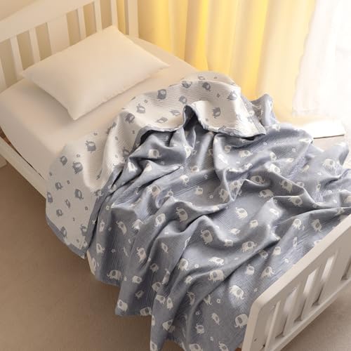 NTBAY 3 Layer Muslin Cotton Toddler Blanket, Jacquard Reversible Nursery Bed Blanket, Super Soft and Thermal for All Seasons, Decoration Gift, 30"x40", Blue Elephant - color: Blue Elephant, size: 30x40 Inch (Pack of 1)
