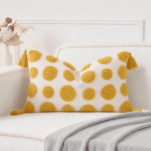 PANOD Super Soft Farmhouse Decorative Plush Throw Pillow Covers 12 x 20 Yellow,Solid Pom pom Tufted with Tassels Modern Accent Boho Lumbar Cushion Cover Pillow Case for Couch Sofa - color: Yellow, size: 20" x 12" (Pack of 1)