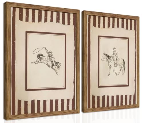 Vintage Western Cowboy Wall Art Set of 2, Texas Stripes Cowboy Horse Canvas Wall Decor Painting, Mid Century Southwest With Artwork Prints Pictures for Living Room Bedroom Bathroom 12x16 Inch Framed - color: Striped Cowboy, size: 16"L x 12"W