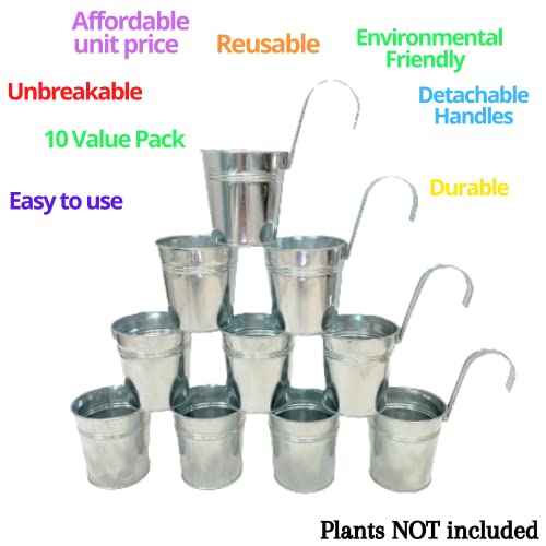 LaLaGreen Fence Planters for Outdoor Plants (10 Pack, 4 Inch) Balcony Planter Railing Hanging, Small Silver Metal Flower Pot Rail Wall Cute Farmhouse Garden Rustic Deck Porch Window Box Bucket Decor - size: 4 Inch (Silver)